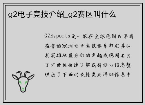 g2电子竞技介绍_g2赛区叫什么