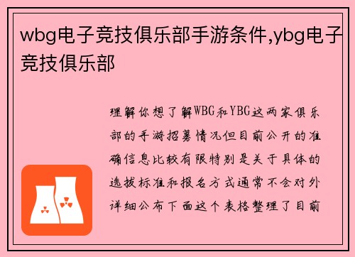 wbg电子竞技俱乐部手游条件,ybg电子竞技俱乐部